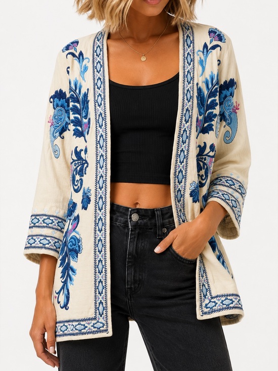 Johnny Was Sweaters - Johnny Was BIYA Short Kimono NAIDA Embroidered Cream Cardigan SZ Med NEW